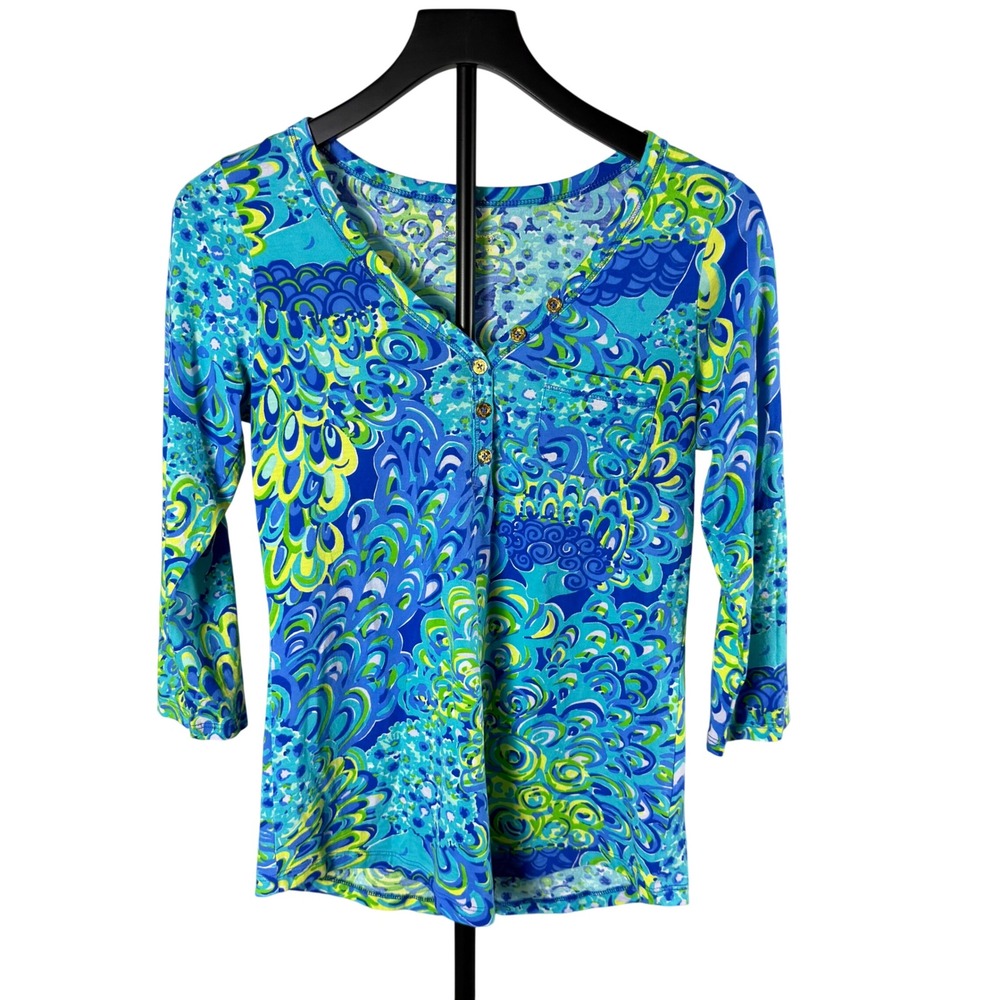 Lilly Pulitzer Etta Henley Top Blue Green Abstract Print Pima Cotton Small